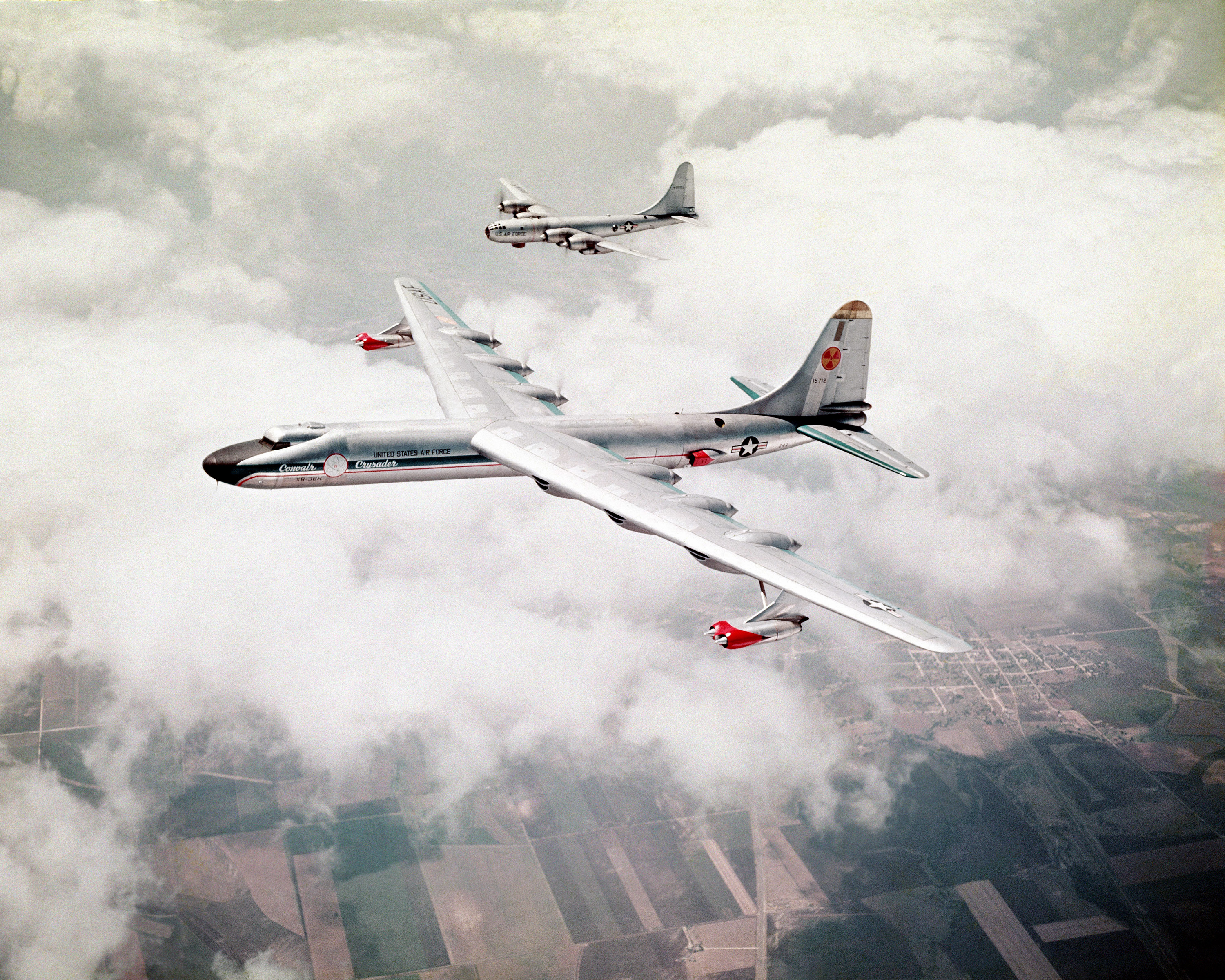 The NB-36H flying over america equiped with a nuclear reactor